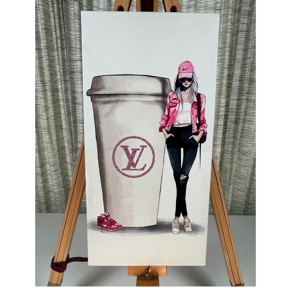 Burlington Canvas Wall Art Pink Women 10x20 Excellent LV Coffee Fashion Decor